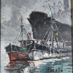 Óleo Jorge Tarallo: Escena Marina con Barcos, Marco Patinado - imagen 5