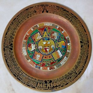 Plato Decorativo Vintage Bronce Esmaltado Calendario Azteca "Piedra del Sol" México - imagen 4