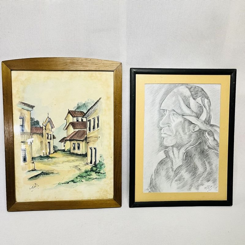 Cuadros de arte acuarela y lápiz firmados