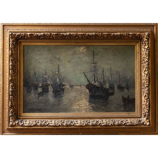 Óleo "Barcos" de Frazzi con Marco Dorado