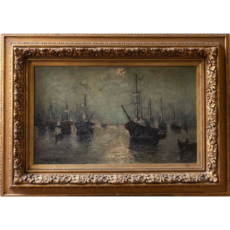 Óleo "Barcos" de Frazzi con Marco Dorado