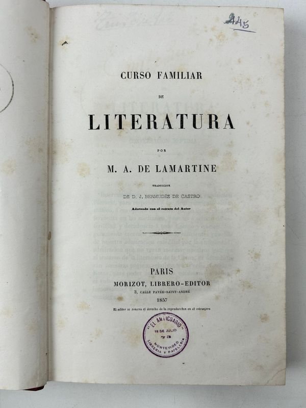 Cuatro tomos de CURSO FAMILIAR DE LITERATURA POR M. A. DE LAMARTINE - Paris 1857 - imagen 3