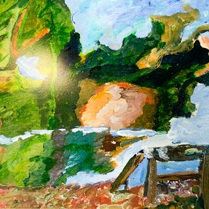 Cuadro Acuarela Paisaje Campestre con Cascada, Firmado "Dalma" - imagen 2