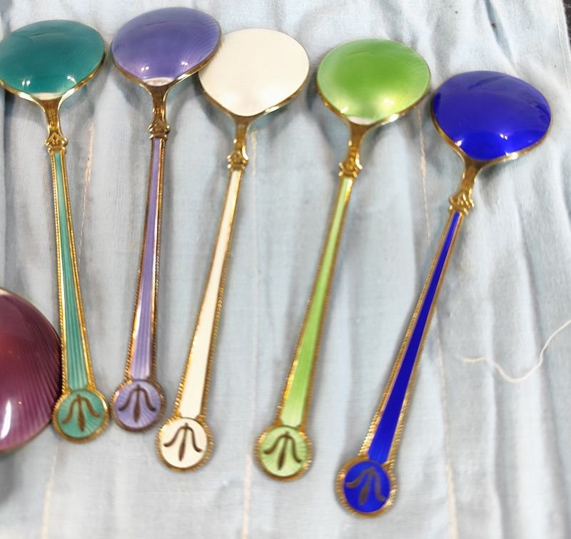 12 majestuosas cucharas de mermelada en plata noruega esmaltados - imagen 11