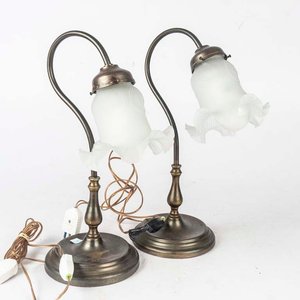 Par de Lámparas de Mesa Vintage en Metal y Bronce con Tulipas Opalinas - imagen 2