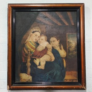 Oleo "La Virgen de la Silla" sin firma, marco de madera y yeso - imagen 4