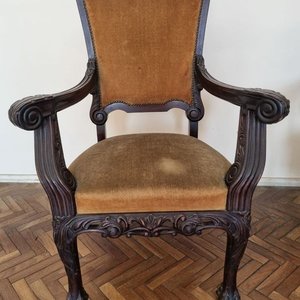 Par de Sillones Antiguos Estilo Chippendale en Madera Noble Tapizados en Pana Ocre - imagen 3