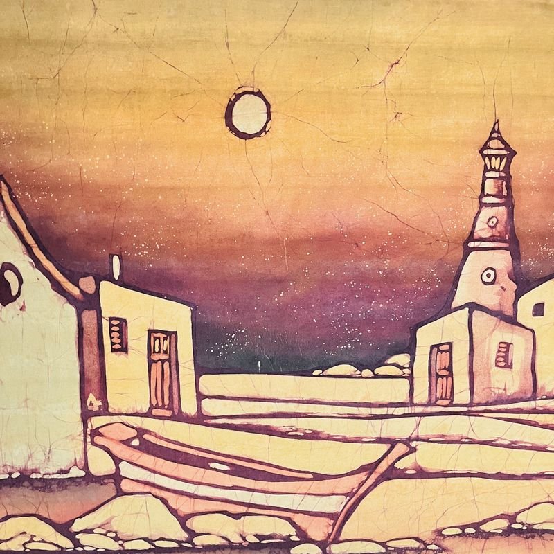 Pintura de pueblo nocturno con luna firmada