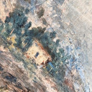 Óleo sobre lienzo: Paisaje Montañoso con Casa y Firma Ilegible - imagen 10