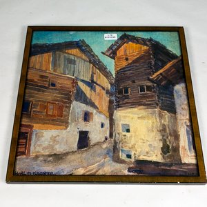 Acuarela "Casas" Firmada por Karl M. Kromer con Marco de Madera - imagen 2