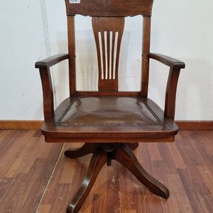 Antigua Silla Giratoria de Escritorio en Roble y Cuero - imagen 2