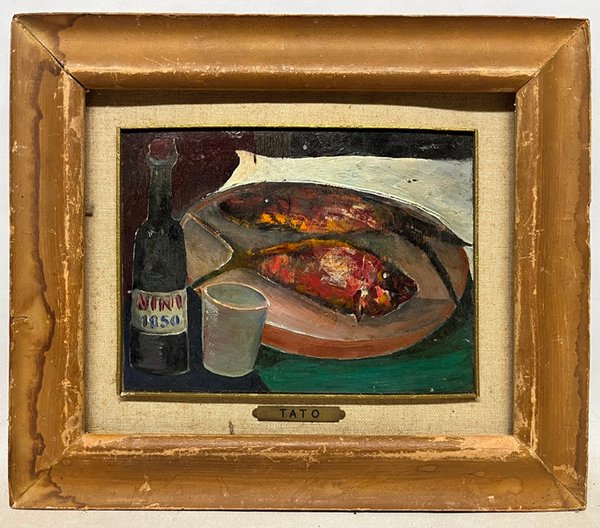 Lote siguiente: Pintura de Pescado con Botella de Vino y Taza de Mostaza