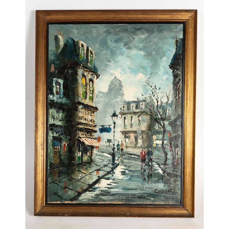 Pintura de Ciudad con Personajes y Edificios