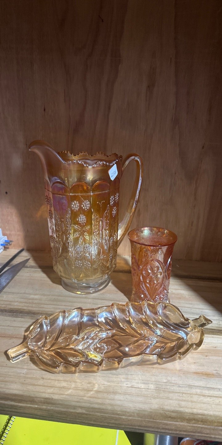 Jarra, Vaso y Bandeja de Vidrio Dorado Estilo Antiguo