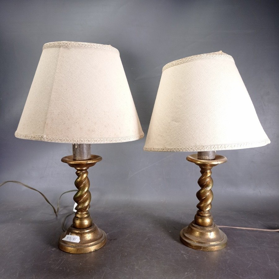 Par de Lámparas de Mesa Vintage Madera Dorada a la Hoja