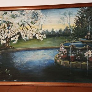 Oleo "Fuente y Árbol en Flor" de 1900 con Marco de Madera - imagen 2