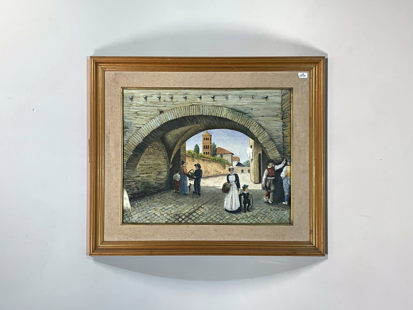 Cuadro Óleo sobre Tela: Pueblo Antiguo con Personajes, Firmado S. Pilotto Vola