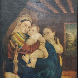 Oleo "La Virgen de la Silla" sin firma, marco de madera y yeso - imagen 5