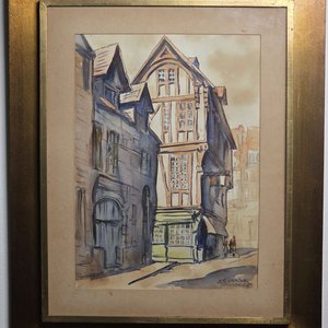 Acuarela de Esteban Garino: Escena Urbana con Arquitectura Típica - imagen 2