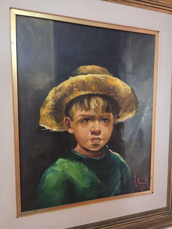 Óleo firmado J. Cabral, pintura de un joven con gorra y camisa verde - imagen 4