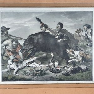 Grabado "Cacería de Jabalí" por Ernest Hanfstangl, con marco dorado y vidrio - imagen 3