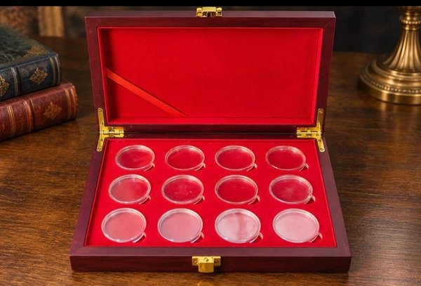 Elegante Estuche Chino para 12 Monedas Conmemorativas - Terciopelo Rojo y Herrajes Dorados