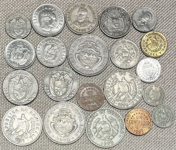 Lote de Monedas de Colombia, Panamá, Nicaragua, Ecuador, Guatemala y Costa Rica