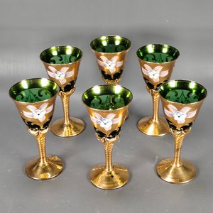 Juego de 6 Copas Estilo Veneciano Dorado y Verde con Flores - imagen 2