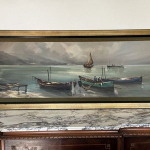 Pintura al Óleo: Paisaje Marino con Embarcaciones y Pescadores - imagen 1