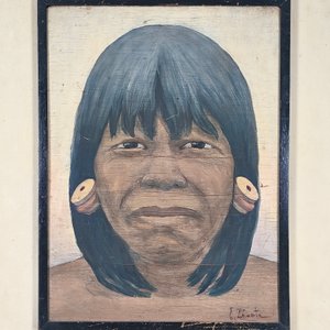 Oleo sobre Madera "E. Zárate" Retrato Indígena con Marco Blanco - imagen 3