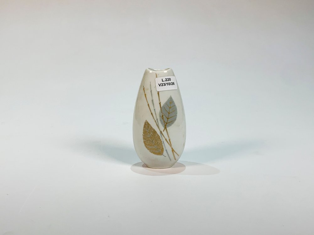 Florero de Porcelana Bavaria Johann Haviland Blanco con Hojas Doradas y Plateadas