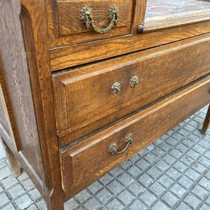 Tocador Antiguo de Roble con 3 Espejos y Tapa de Mármol - imagen 5
