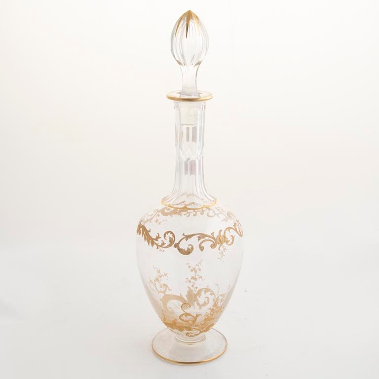 Botellón de Cristal Hialino con Detalles en Oro y Tapón - 35cm