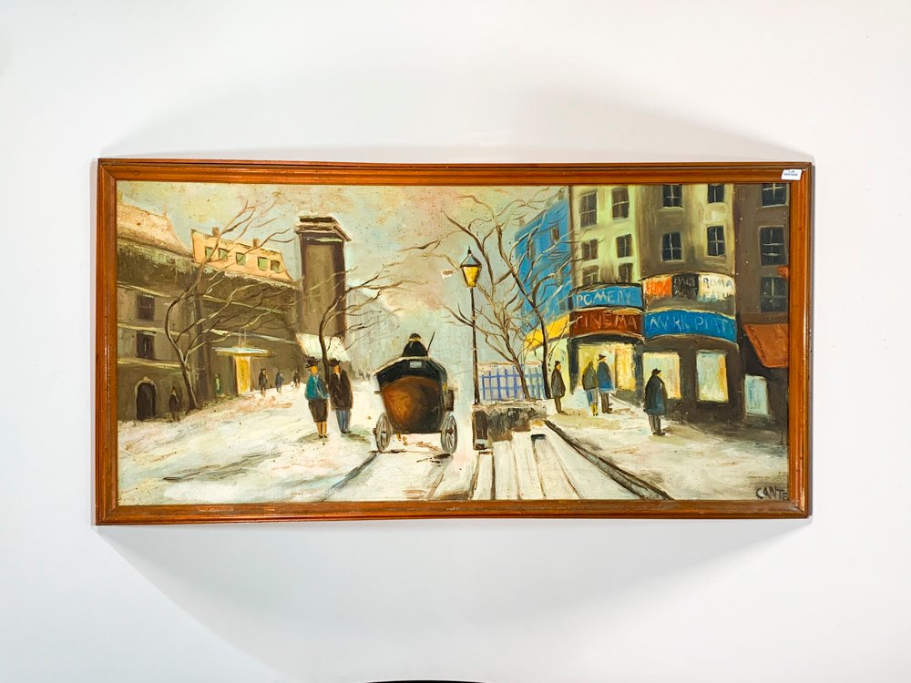 Cuadro al óleo sobre tela: Paisaje invernal de París con carruaje, firmado "Cante"