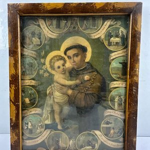 Cuadro Antiguo Litocromografía San Antonio de Padua con Niño Jesús y Medallones - imagen 3