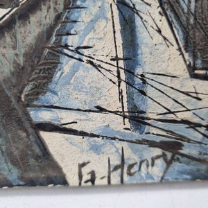 Cuadro al Óleo "Calle Urbana" Firmado F. Henry, Marco de Madera Lustrada - imagen 3