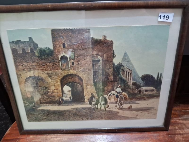 Pintura antigua de un castillo con caballos - imagen 4