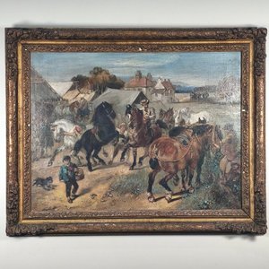 Oleo sobre Madera: Escena Ecuestre con Marco Decorado - imagen 2