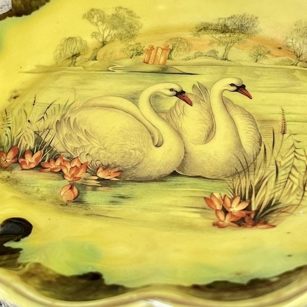 Juego de postre antiguo ornamental con cisnes pintado a mano - imagen 2