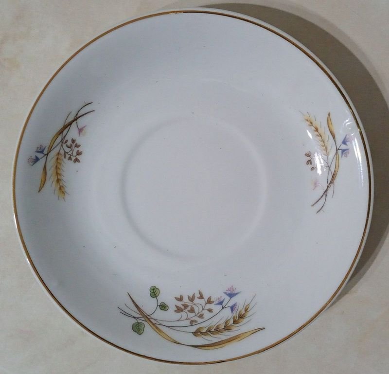 Platillo Vintage Porcelana Fina Diseño Espigas Trigo Flores Azules Bordes Dorados