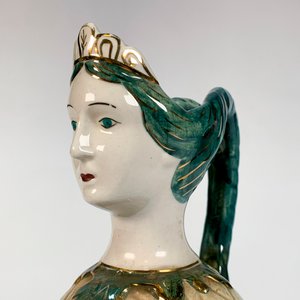 Jarra de cerámica antigua con rostro de dama, verde y gris, 25 cm - imagen 2