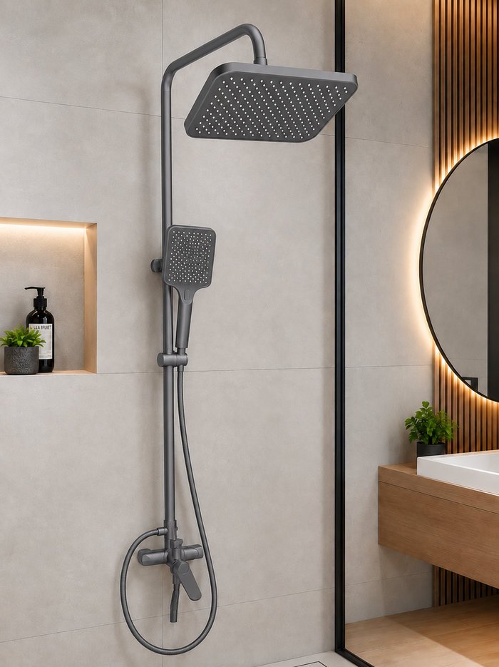 Barral de Ducha Monocomando Metálico Gris con Cabezal Rectangular Nuevo en Caja