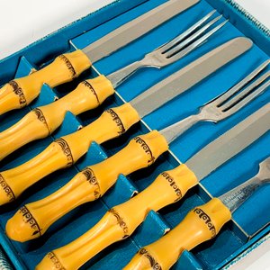 Juego de 6 piezas para postre: tenedores y cuchillos con mangos de plástico imitación caña beige - imagen 2