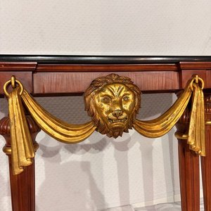 Consola Estilo Francés con Tapa de Mármol Negro y Mascarón de León Dorado - imagen 2