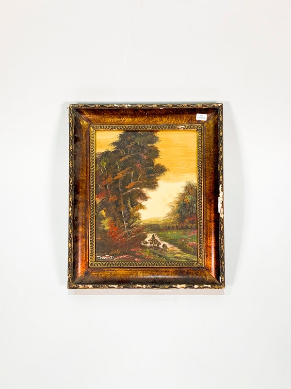 Lote siguiente: Pintura de paisaje rural con hombre arreando ganado