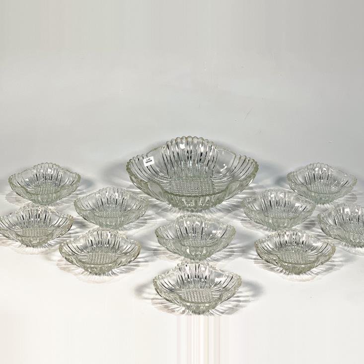 Juego de 11 Piezas de Vidrio Prensado para Postre: Ensaladera y Compoteras