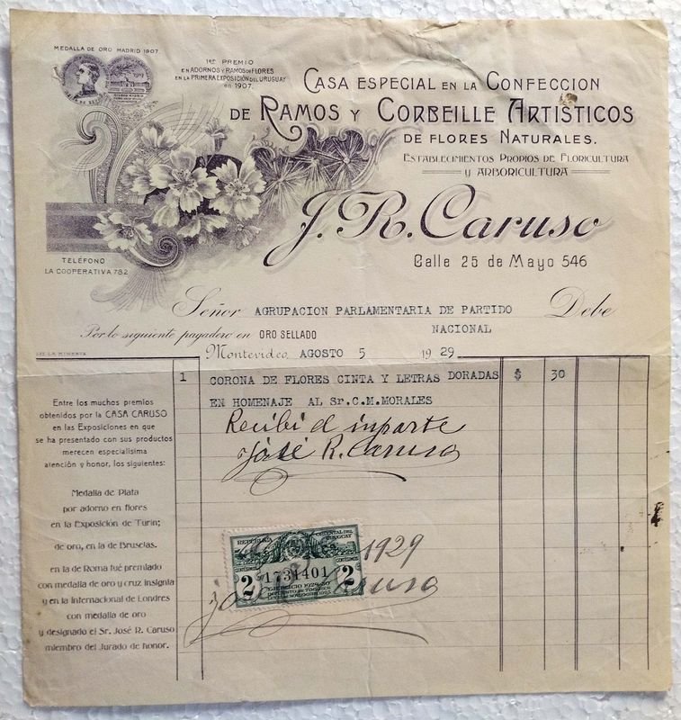 Recibo de J. R. Caruso: Casa especial en la confección de ramos y corbeilles artísticos