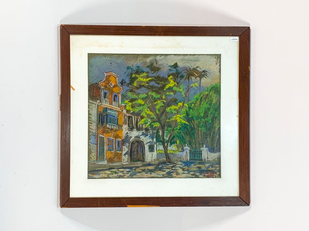 Cuadro a Pastel: Casa Colonial con Jardín y Árboles - 45x40 cm