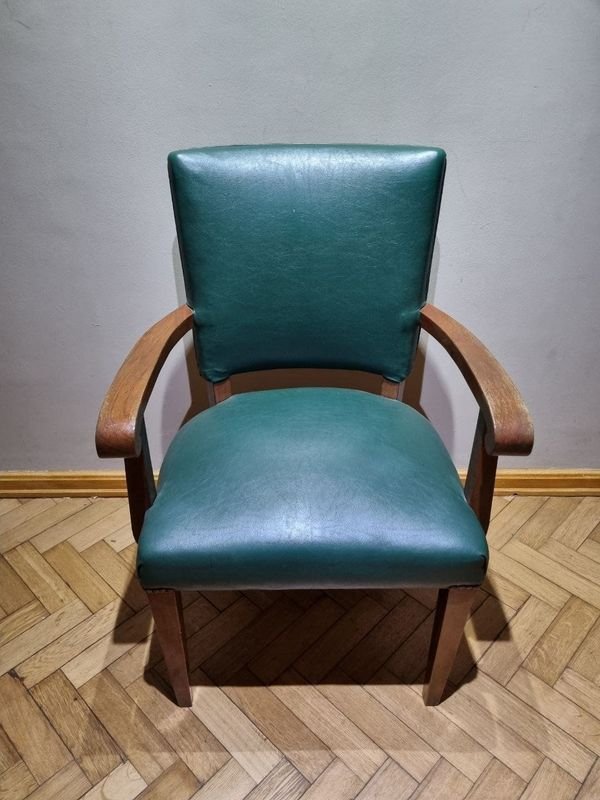 Sillón de Escritorio Vintage en Madera y Cuero Verde