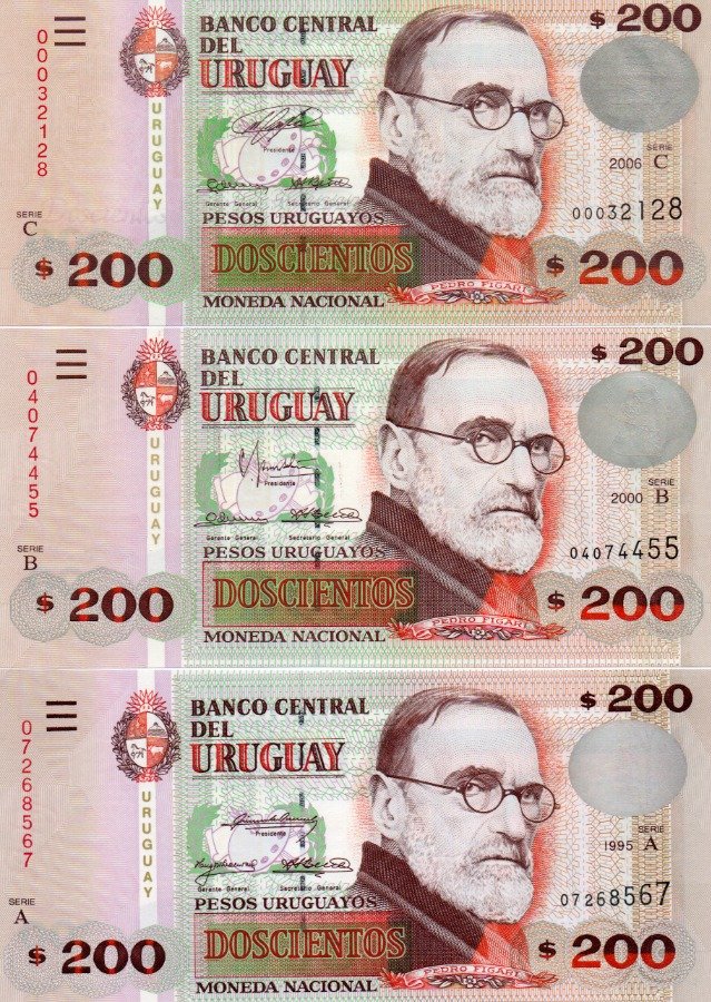 Lote de 3 Billetes Uruguayos de $200 Sin Circular (Series A, B, C)